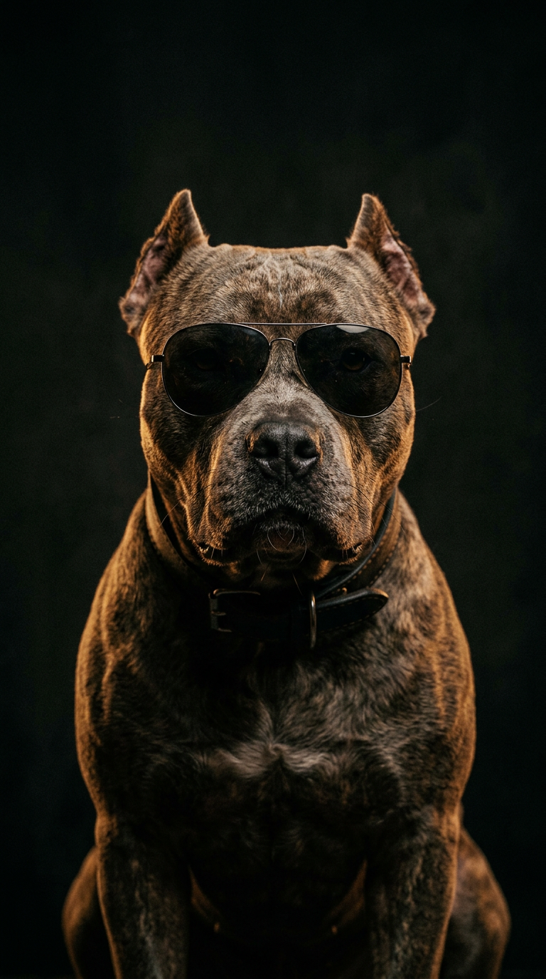 Close-up portrait of a muscular pit bull wearing a leather collar, lit warmly against a dark background